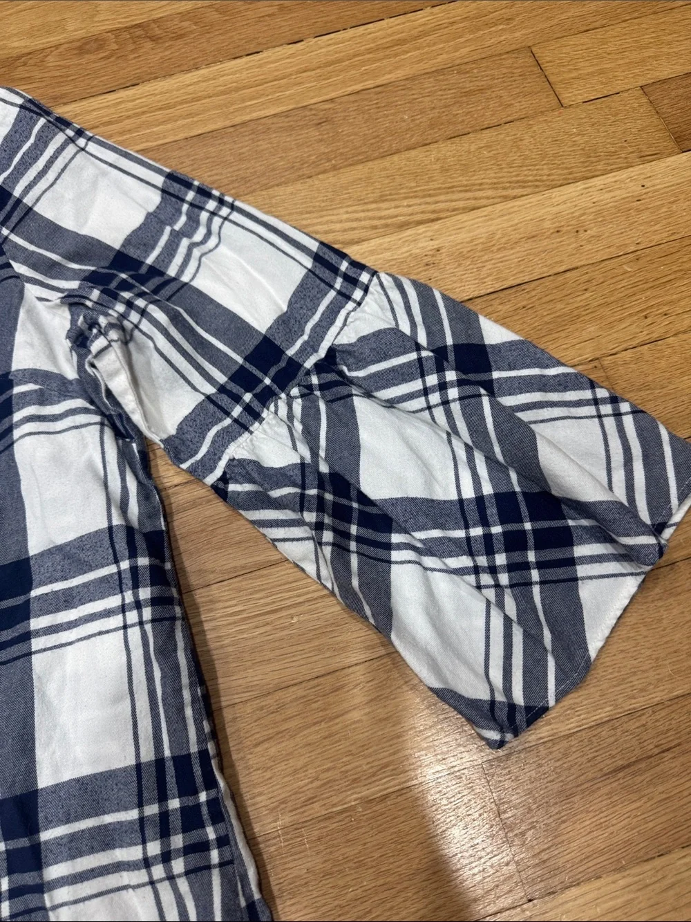 J. Crew White and Navy Plaid Bell-Sleeve Blouse